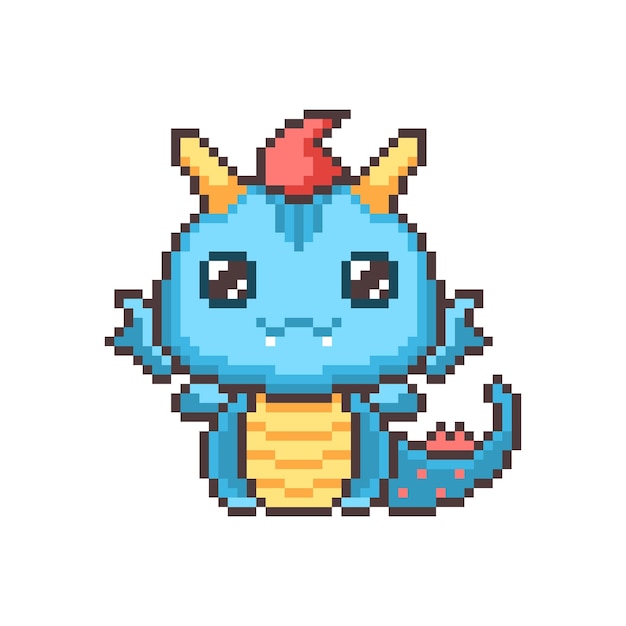 Vector cute blue pixel dragons kawaii sea funny dinosaur with fantasy 8bit graphics