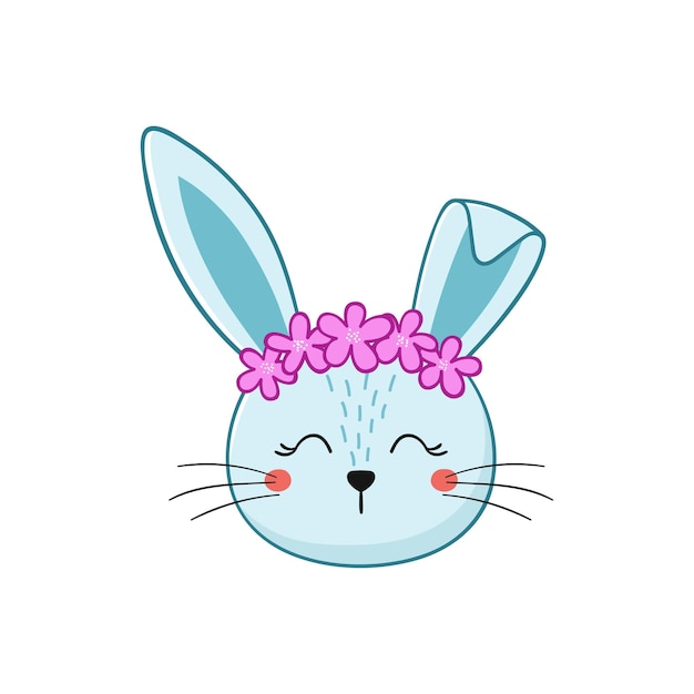 Милый синий кролик с цветами на голове маленький кролик в мультяшном стиле векторная иллюстрация