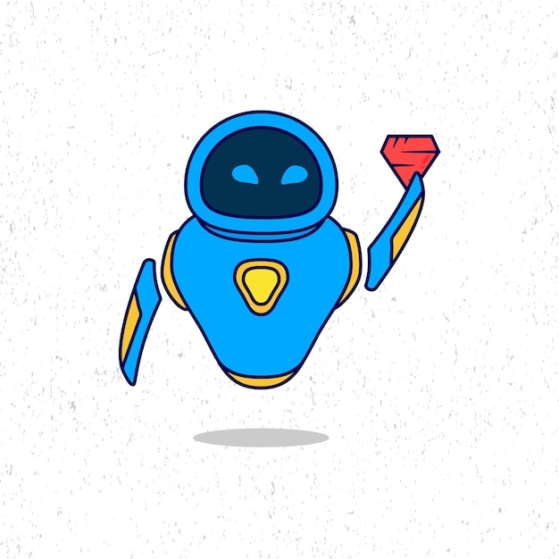 Cute blue robot holding red diamond cartoon vector icon illustration