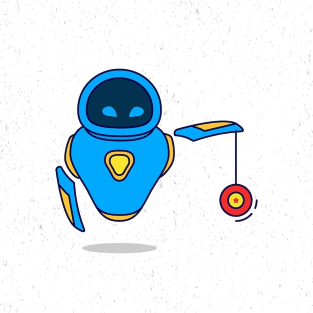 Cute blue robot playing yoyo cartoon vector icon illustration