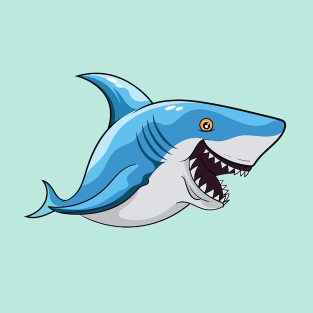 Cute blue shark funny animal water vector illustration in kawaii cartoon style under the sea