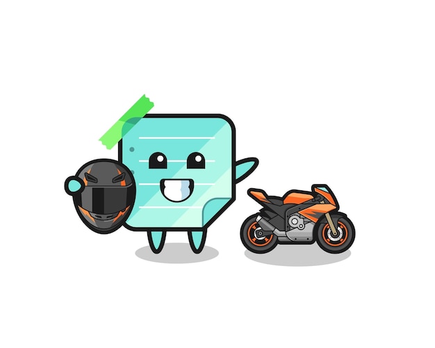 Cute blue sticky notes cartoon as a motorcycle racer