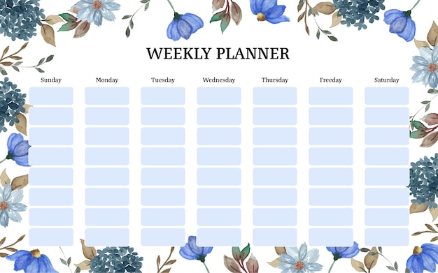 Vector cute blue watercolor floral weekly planner