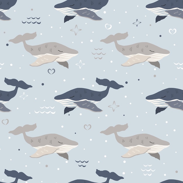 Cute blue whales seamless pattern