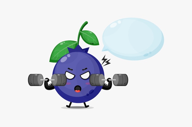 Cute blueberrie mascot raises a barbell