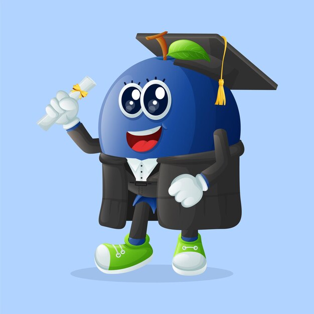 Vettore simpatico personaggio di mirtillo che indossa un berretto da laurea e tiene in mano un diploma