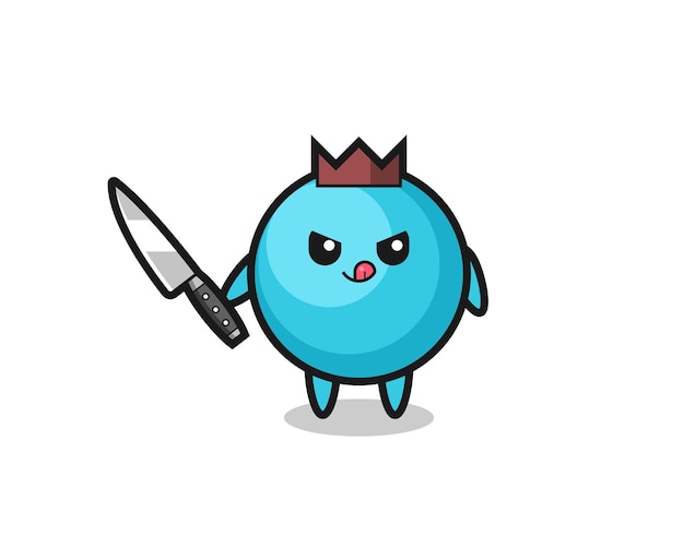 Cute blueberry mascot as a psychopath holding a knife