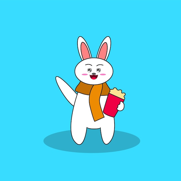 Cute blushing white rabbit holding popcorn illustration