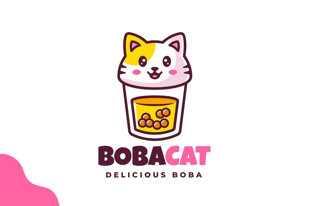 Милый кот боба пузырь чай современный мультфильм логотип векторные иллюстрации