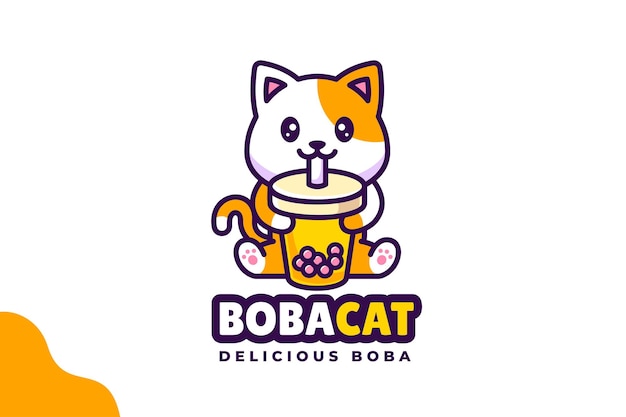 Vector cute boba cat bubble tea modern cartoon logo vector illustration