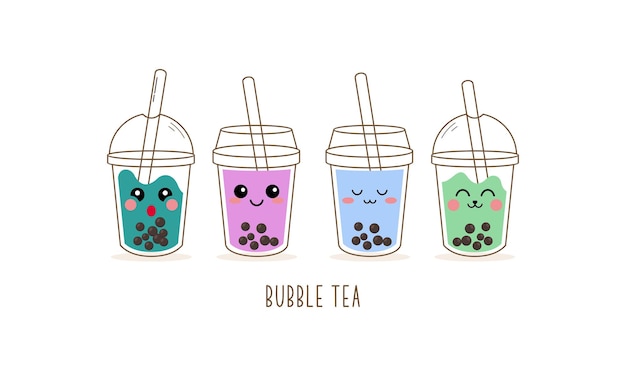 Cute boba milk tea cartoon characters set