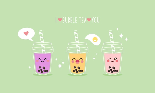 Cute boba milk tea cartoon characters set