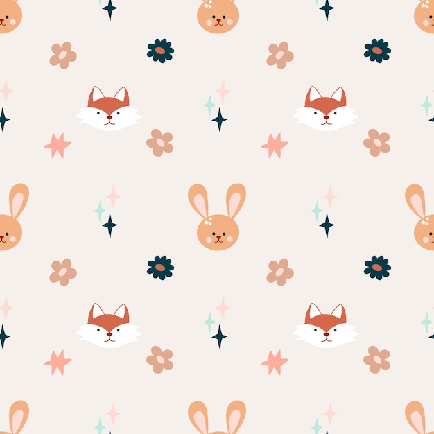 Cute bohemian baby seamless pattern with cute fox rabbit in boho style in warm pastel colors