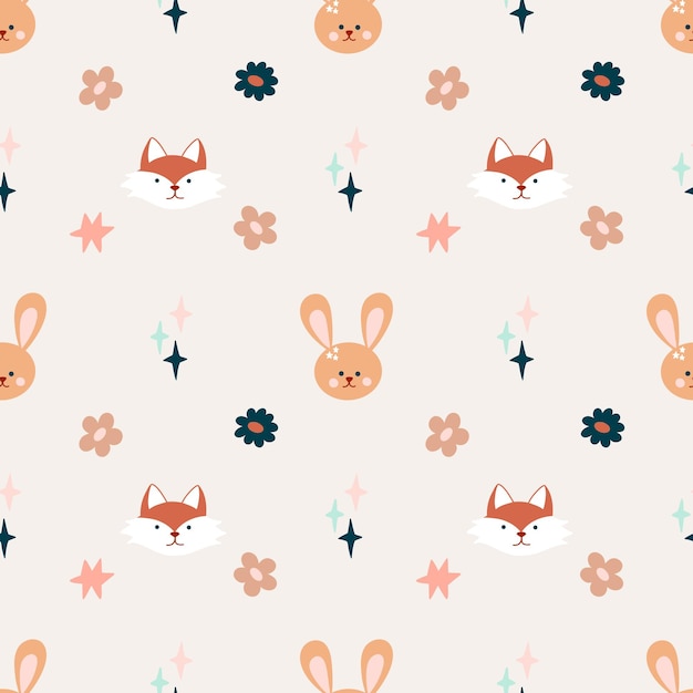 Cute bohemian baby seamless pattern with cute fox rabbit in boho style in warm pastel colors