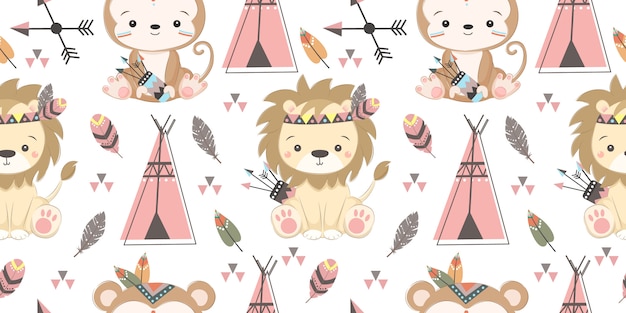 Vector cute boho animals seamless pattern