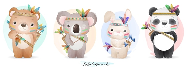 Cute boho animals set with watercolor illustration