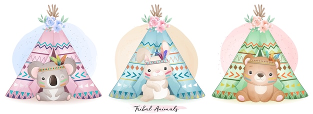 Simpatici animali boho con illustrazione dell'acquerello