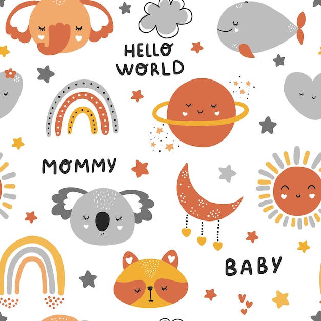 Cute boho baby seamless pattern Colorful pattern with animal heads and rainbows Creative childish print for fabric wrapping textile wallpaper apparel