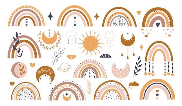 Vettore carino boho arcobaleni clipart per la decorazione della scuola materna con graziosi arcobaleni e luna sole nuvola perfetto per baby shower compleanno festa per bambini elementi della boemia