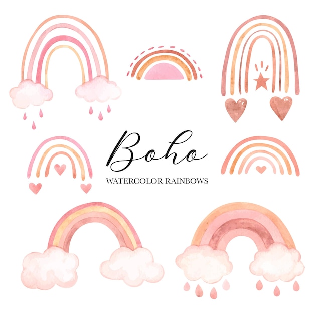 Cute boho watercolor rainbows. Vector illustration