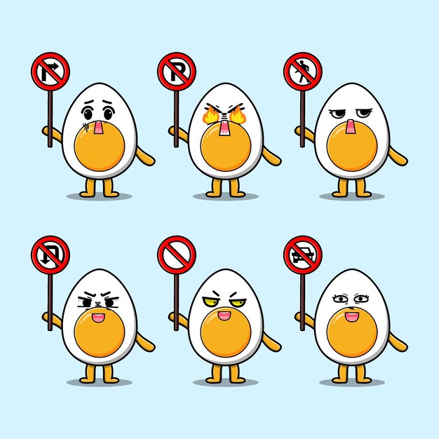 Cute boiled egg cartoon holding traffic sign