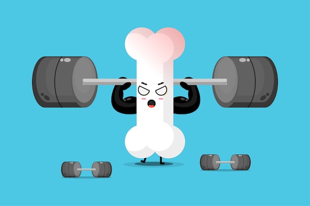 Cute bone mascot lifting a barbell