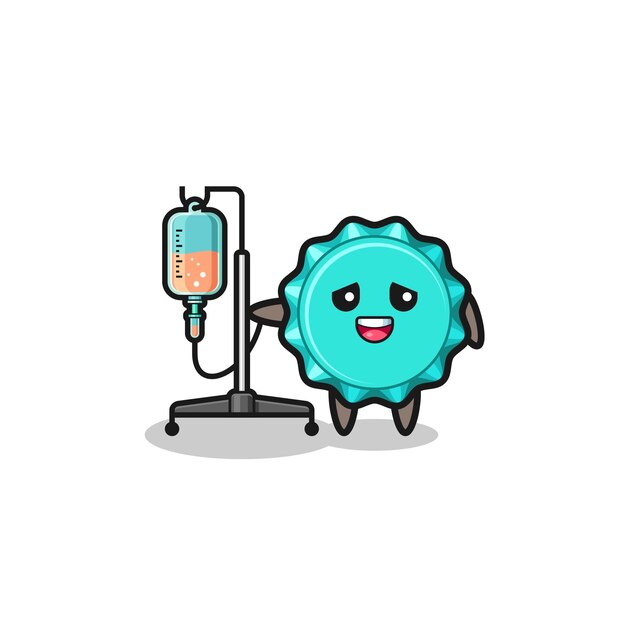 Cute bottle cap character standing with infusion pole