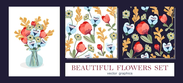 Simpatico bouquet di fiori in un vaso grafica semplice e luminosa in stile cartone animato set floreale di bouquet e motivi senza soluzione di continuità modello vettoriale