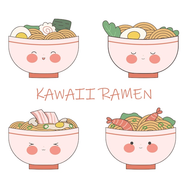 Cute bowls of ramen Plates with different emotions Traditional Japanese noodle Kawaii Asian food