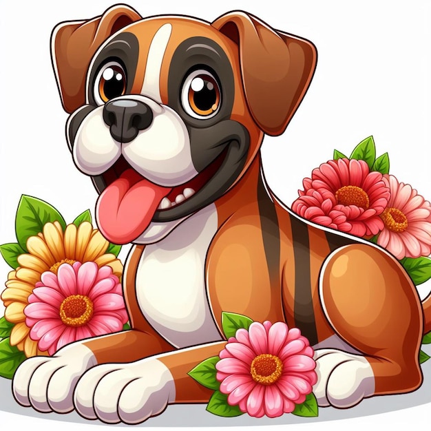 Вектор Милая собака-боксер и цветы векторная мультфильмная иллюстрация