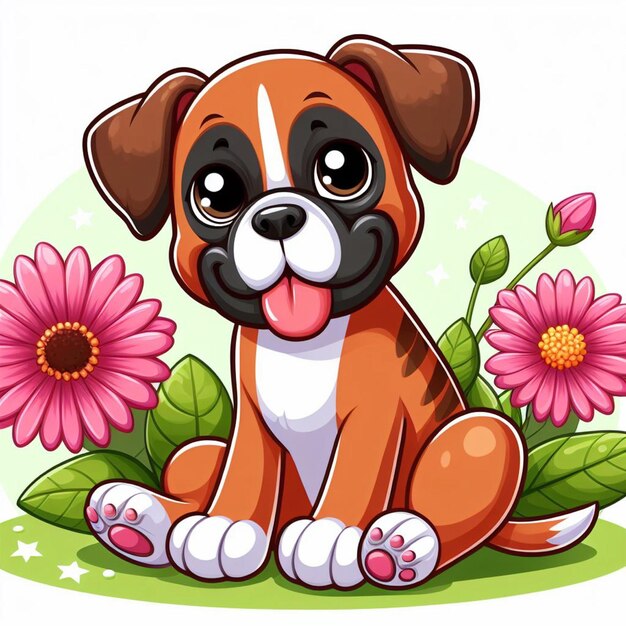 Vector cute boxer dog and flowers vector cartoon illustration