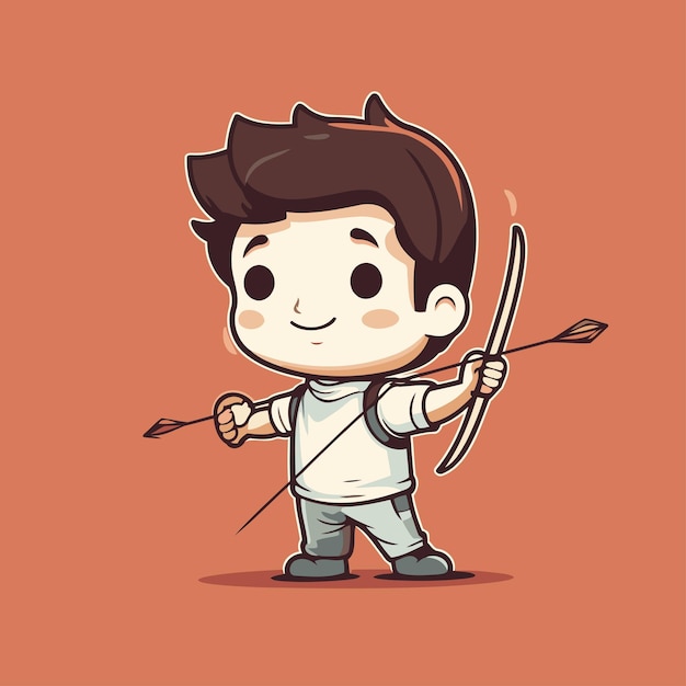 Cute boy aiming with bow and arrow Vector cartoon illustration