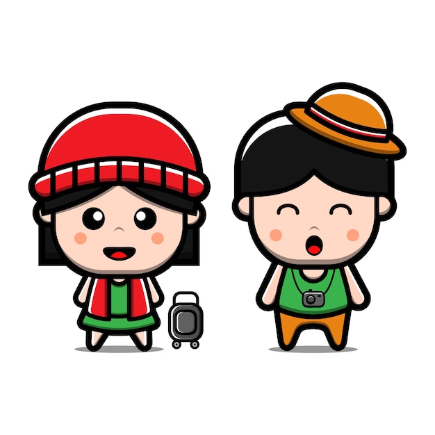 かわいい男の子と女の子の漫画のキャラクターを旅行