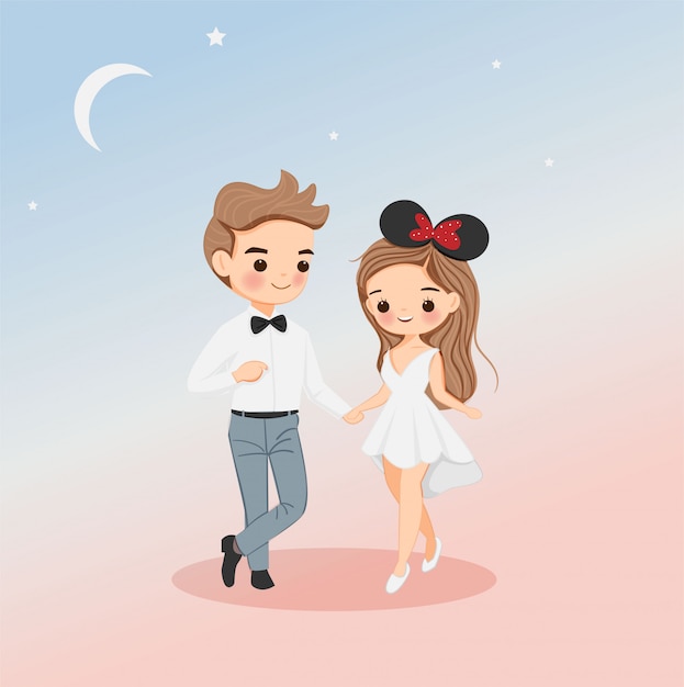 ベクトル 結婚式のカードデザインの白いドレスのかわいい男の子と女の子のカップルの漫画のキャラクター