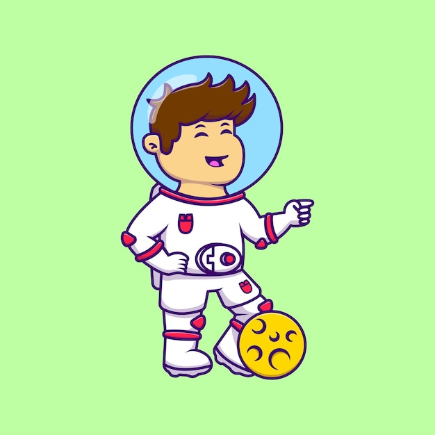 Cute boy astronaut with moon cartoon icone vettoriali illustrazione flat cartoon concept