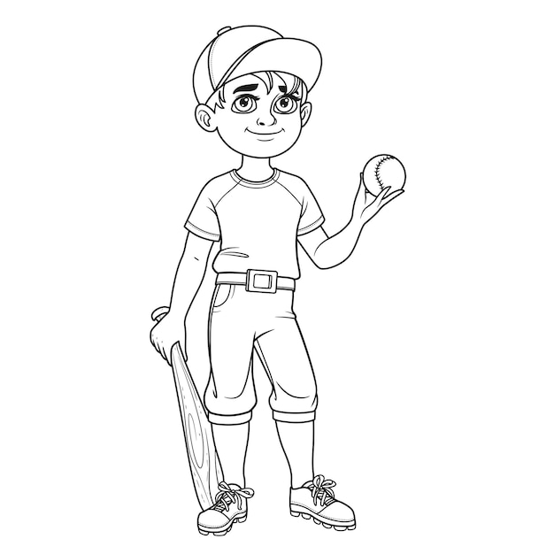 Cute boy in baseball suit with ball and bat outlined for coloring page