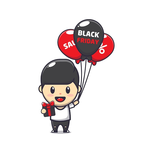 cute boy in black friday sale cartoon mascot illustration