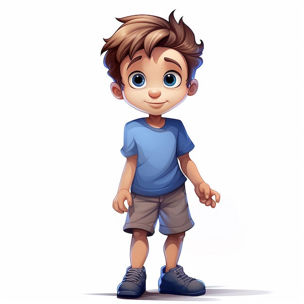 Vettore ragazzo carino con una camicia blu e un personaggio dei cartoni animati con gli occhi azzurri
