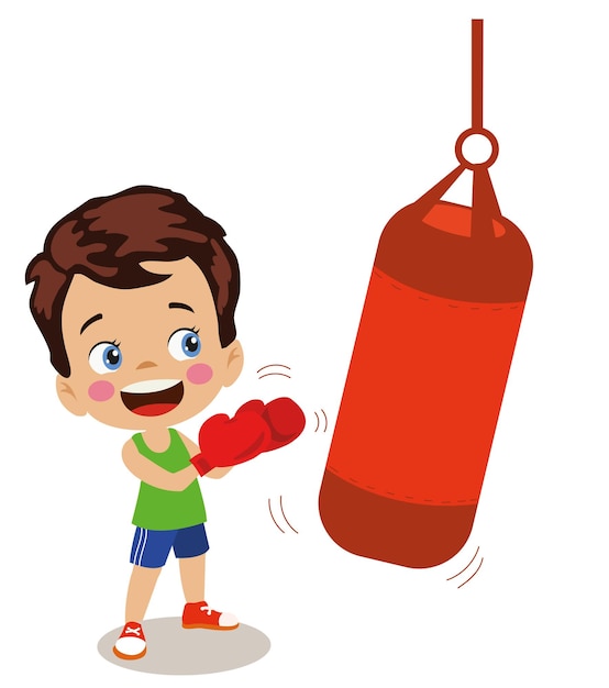 Vector cute boy boxing punching bag