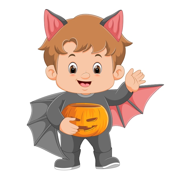 Vettore ragazzo carino in costume da pipistrello di halloween luminoso festeggia la festa