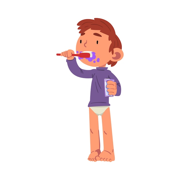 Vector cute boy brushing his teeth in bathroom before bedtime preschool kid daily routine activity cartoon vector illustration