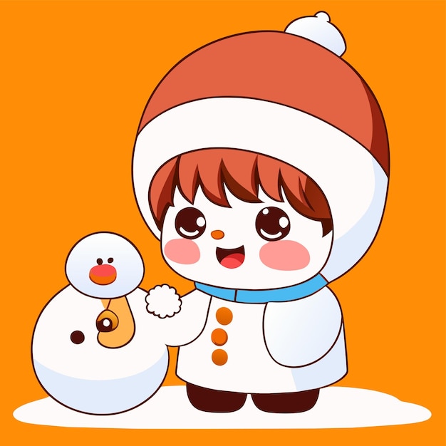 Cute boy building a snowman hand drawn flat stylish cartoon sticker icon concept isolated