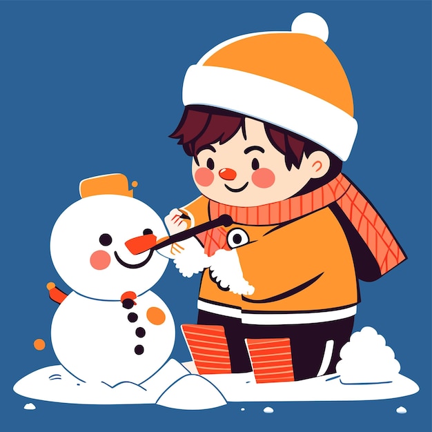 Cute boy building a snowman hand drawn flat stylish cartoon sticker icon concept isolated