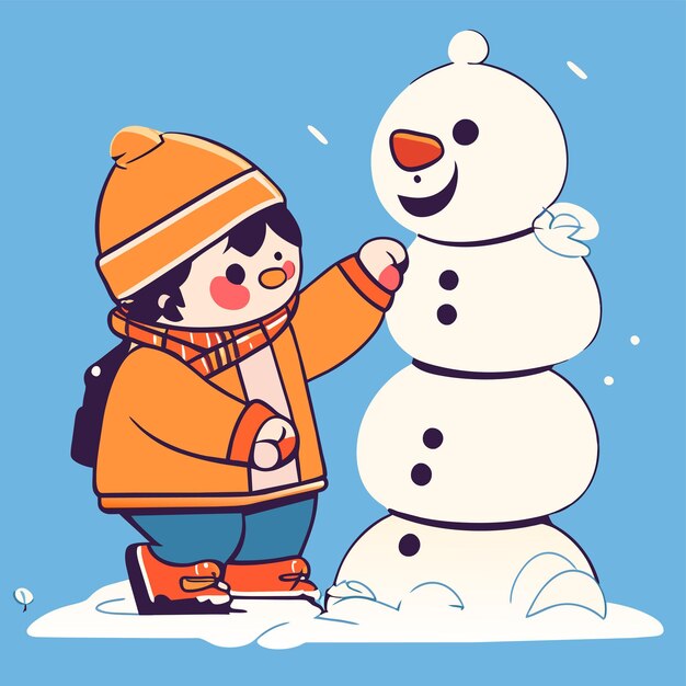 Cute boy building a snowman hand drawn flat stylish cartoon sticker icon concept isolated