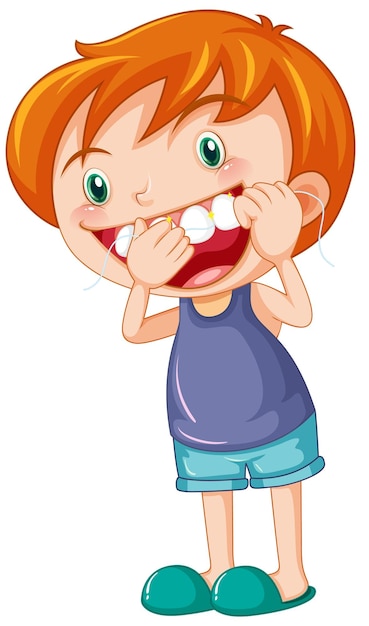 Симпатичный мальчик мультипликационный персонаж чистит зубы зубной нитью