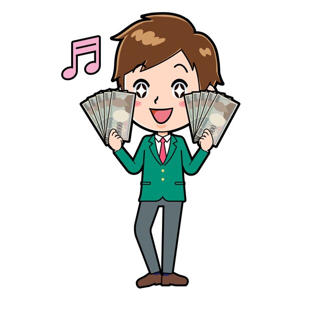 Cute boy cartoon character with a gesture of bundle of banknotes.