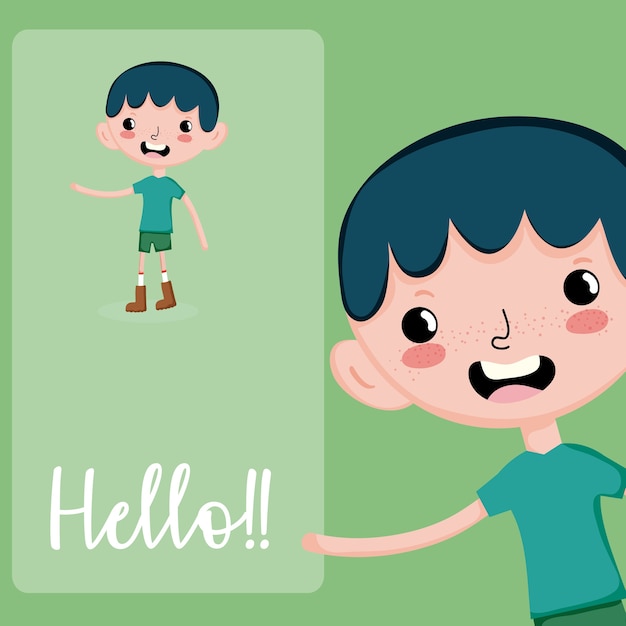 Vector cute boy cartoon hello card