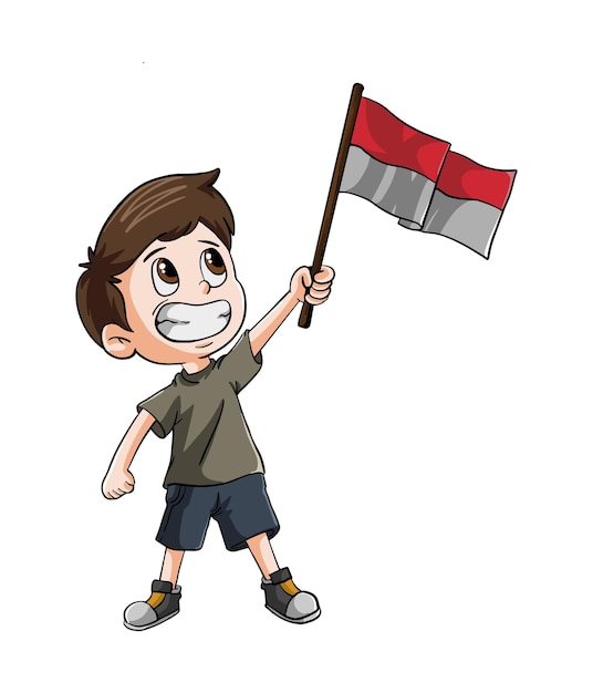 Disegno dell'illustrazione del fumetto del ragazzo sveglio che si diverte a sventolare la bandiera indonesiana che celebra il giorno dell'indipendenza