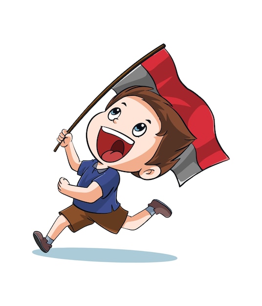 cute boy cartoon illustration design running waving Indonesian flag celebrating independence day