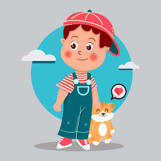 Cute boy cat lover with cat cartoon illustration